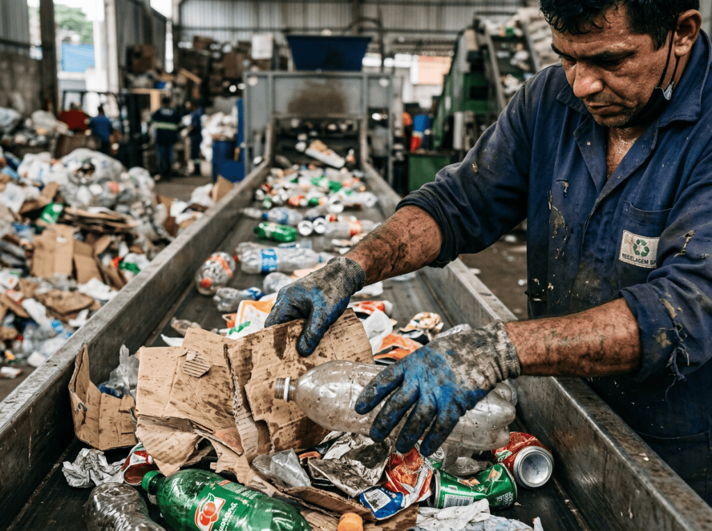 Worker wearing gloves sorting plastic bottles and cardboard on a recycling conveyor belt