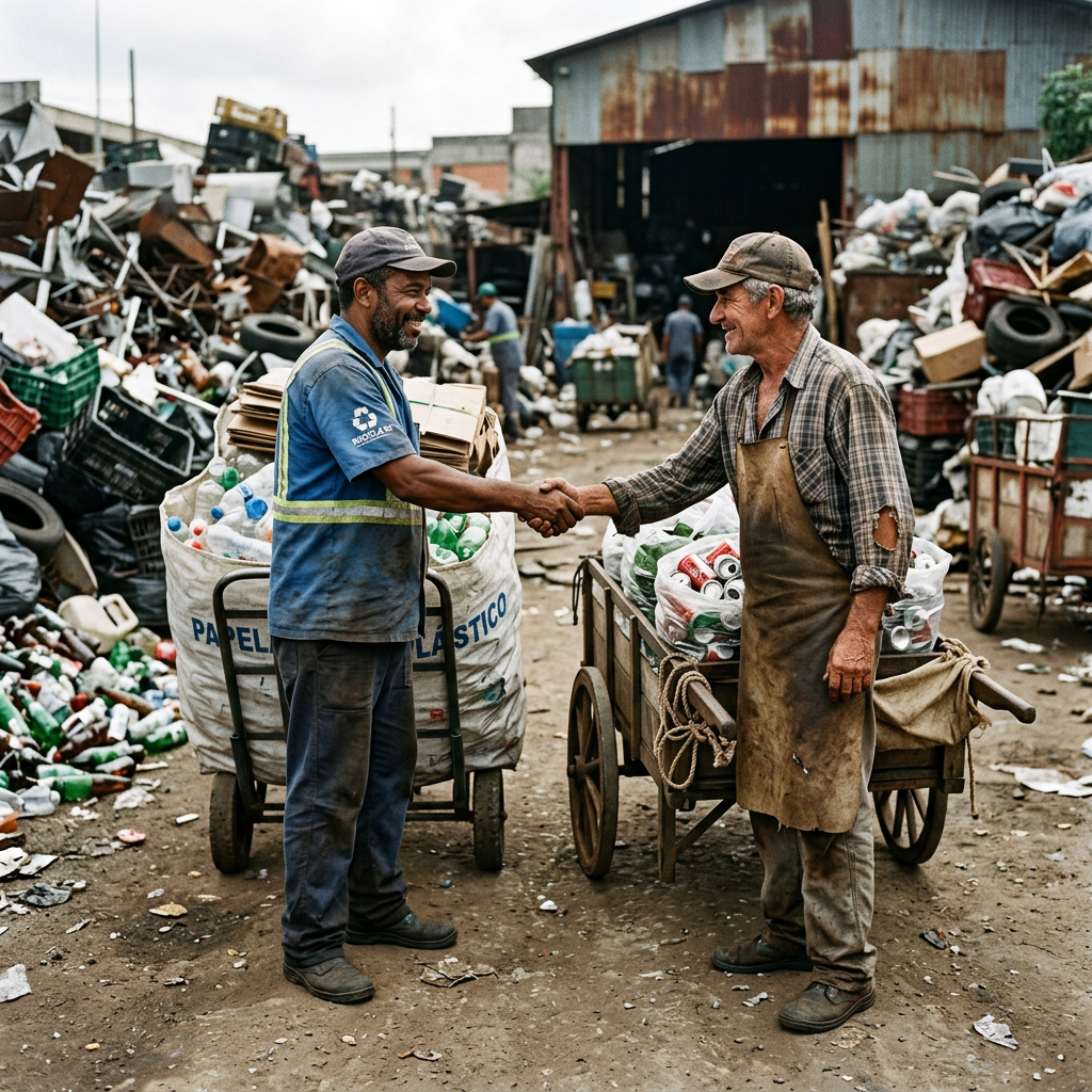 Two recycling workers shaking hands beside carts of recyclables